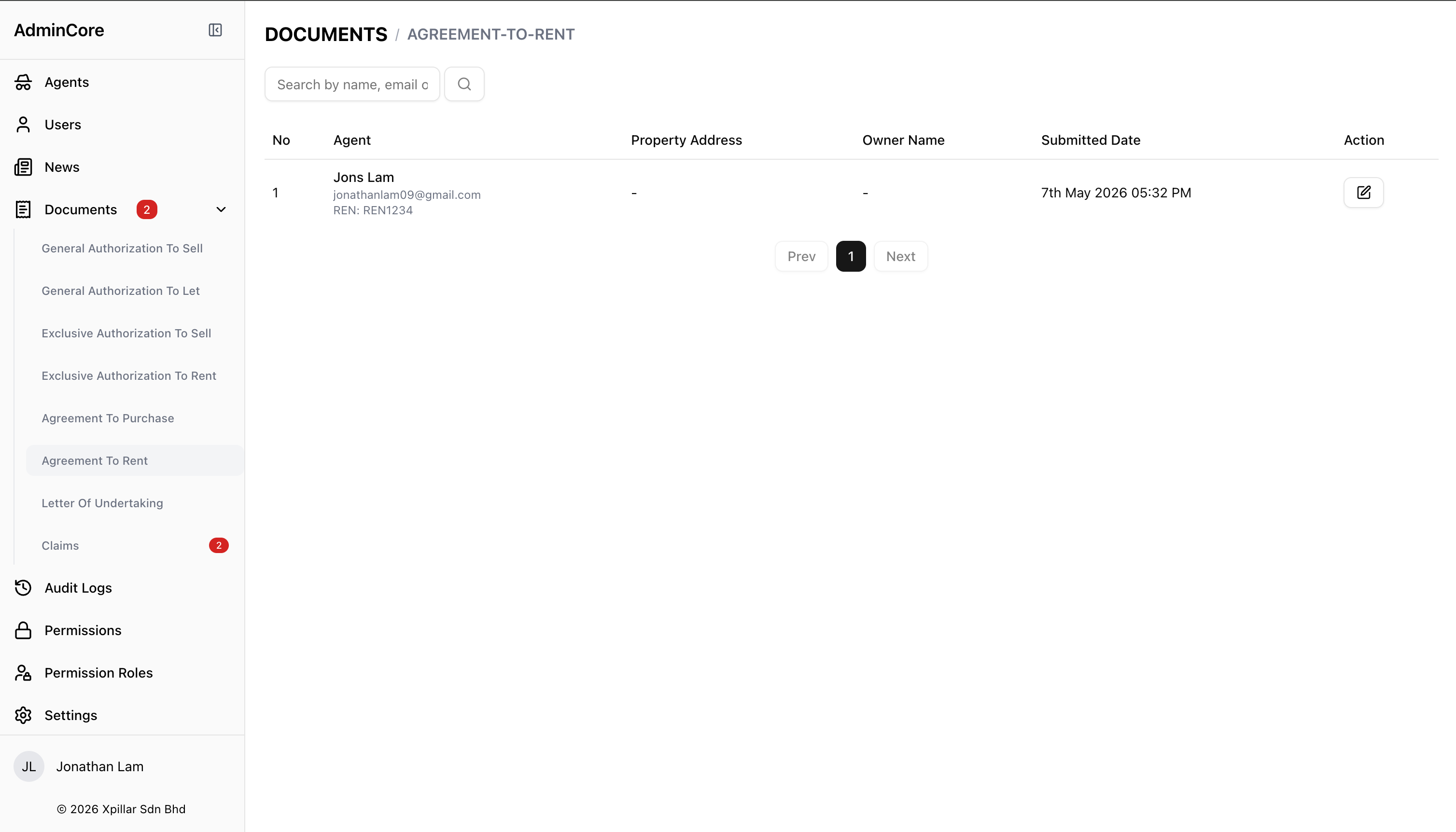 Xpillar Admin Portal: signed document list